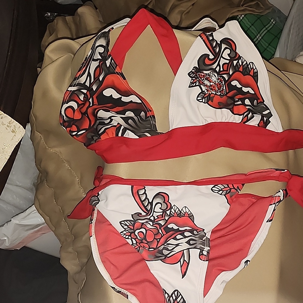 Winki Red and White Bikini Top And Crystals